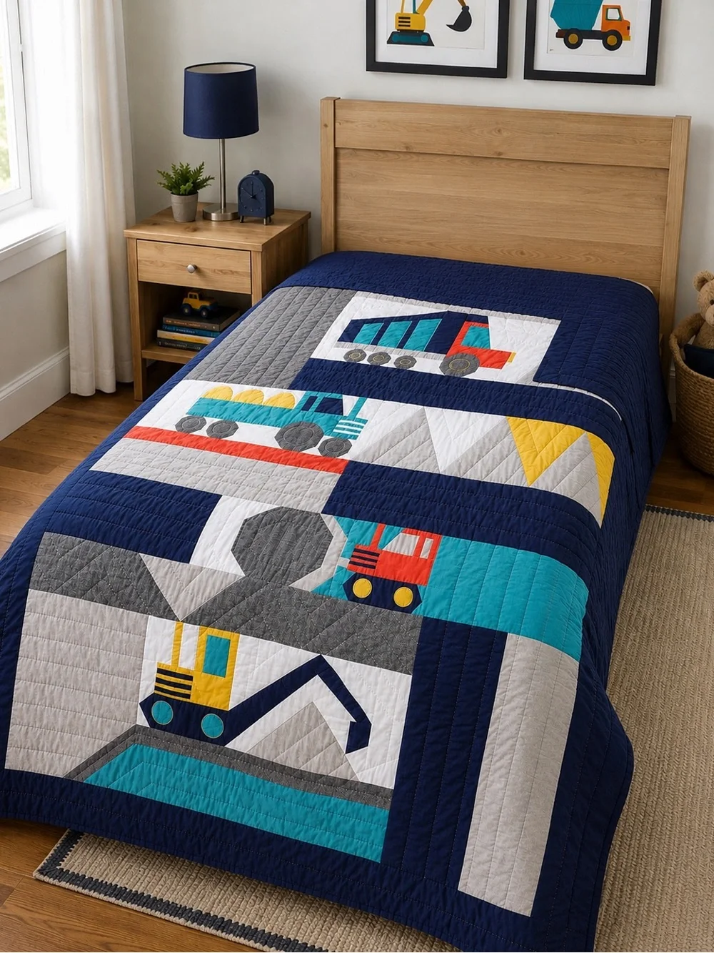Pottery Barn Kids Boys Construction Twin Quilt - Navy, Teal, Bedding